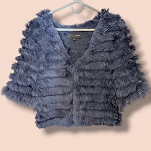 Dana Stein Blue V-Neck Half Sleeve Plush Faux Fur Jacket SM Luxury Evening